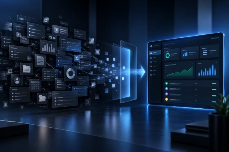 Focused software design simplifying disconnected and complex interface elements into a clear structured workflow.