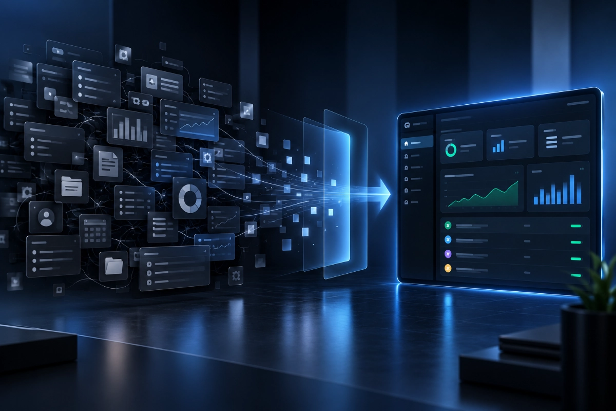 Focused software design simplifying disconnected and complex interface elements into a clear structured workflow.