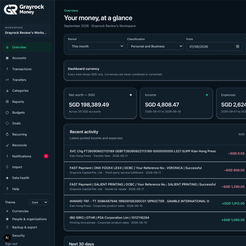 Grayrock Money dashboard for managing personal and business accounts, transactions, income, expenses and cash flow.