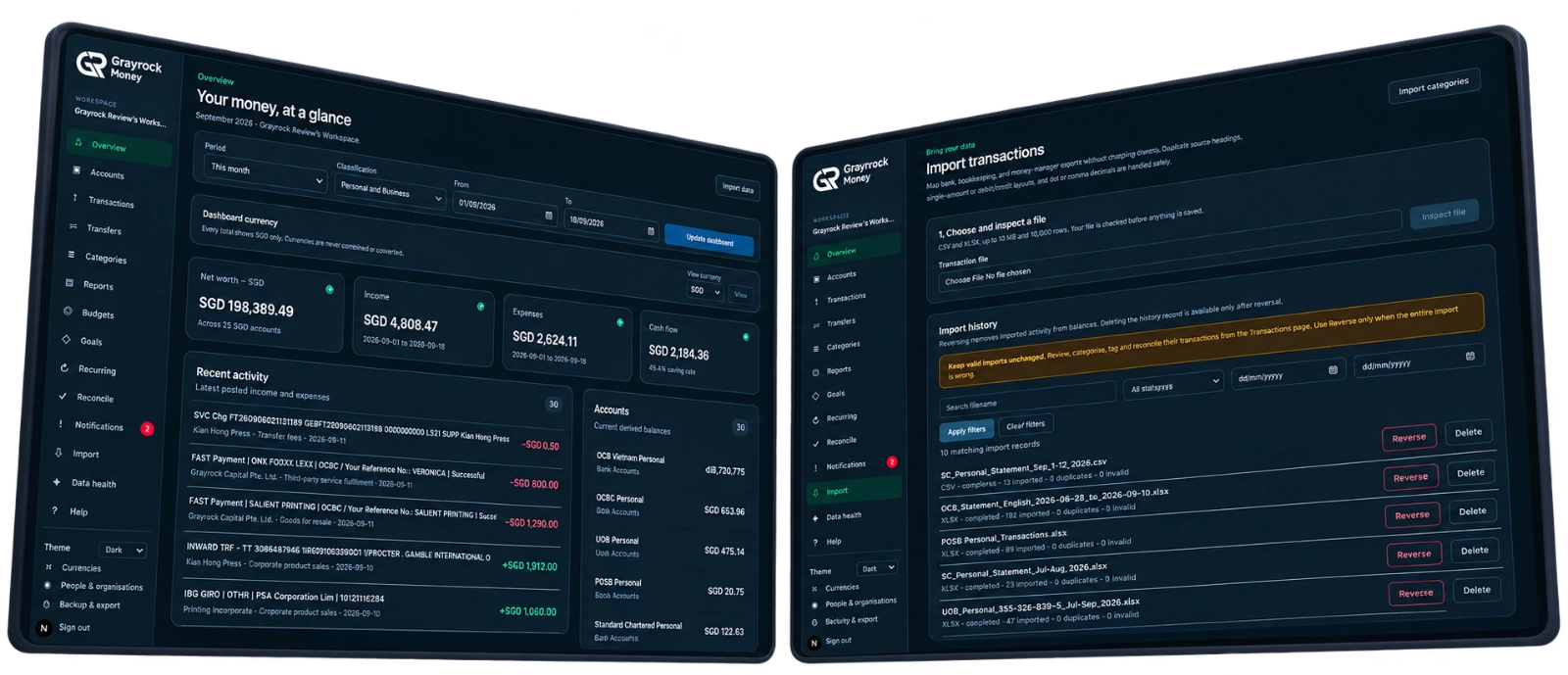 Grayrock Money dashboard for managing accounts, transactions, cash flow and financial activity in one workspace.