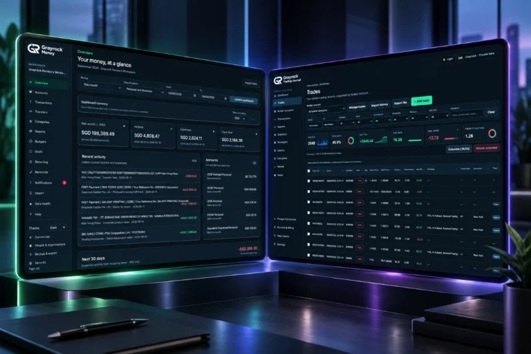 Grayrock Money and Grayrock Trading Journal shown as two focused software products within the Grayrock ecosystem.