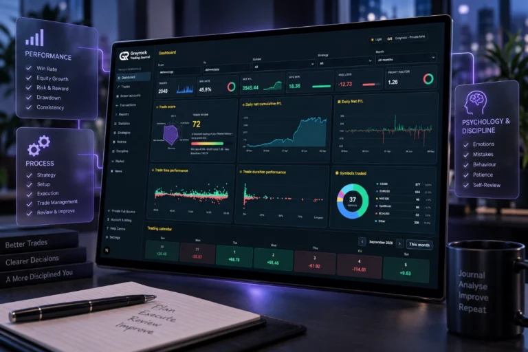 Trading journal reviewing performance, process, psychology and discipline beyond profit and loss.