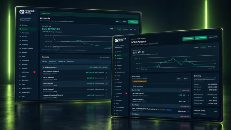 Grayrock Money Accounts overview and account-detail screens with balance history and transactions.