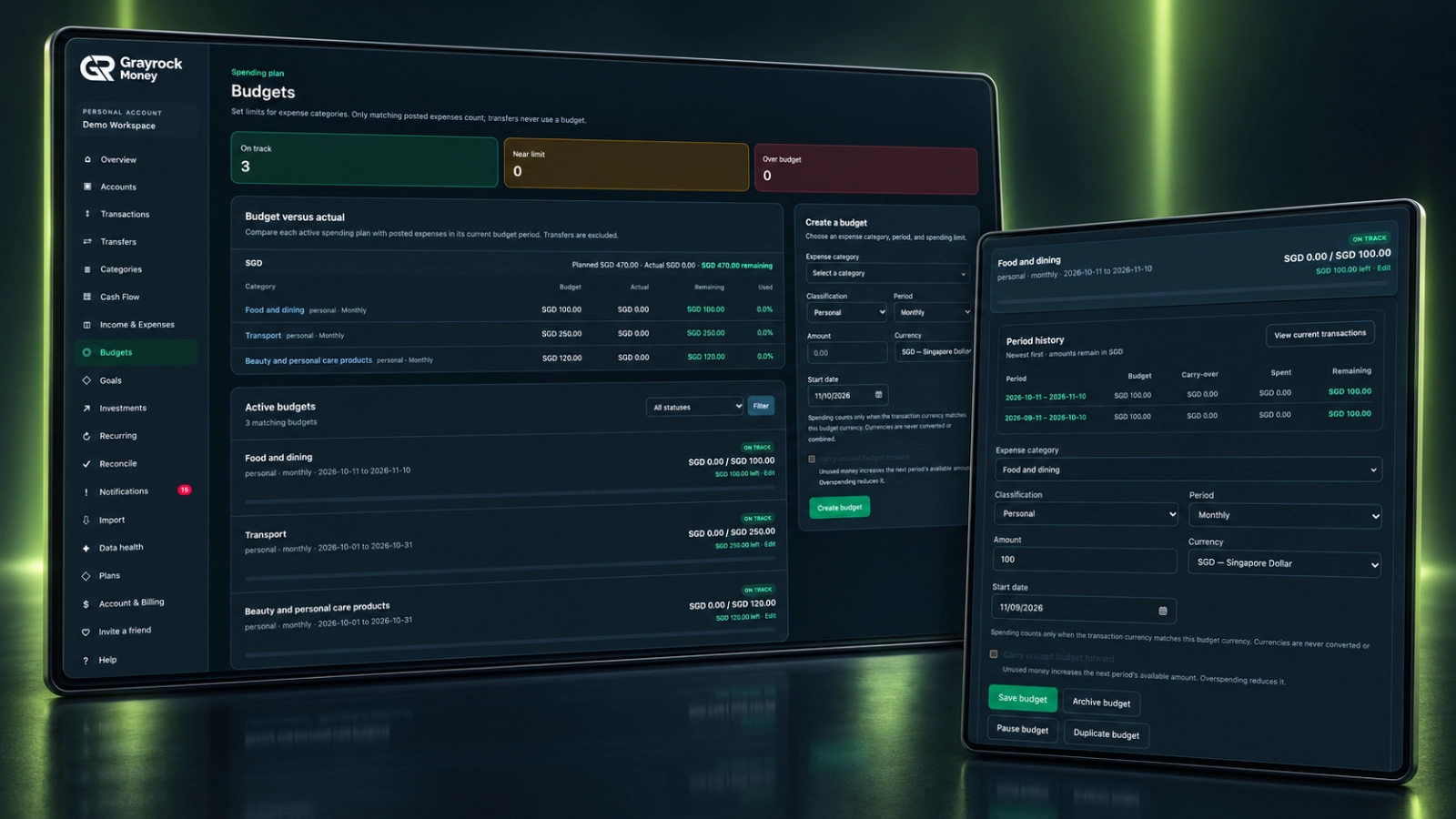 Grayrock Money budget overview and expanded budget detail showing spending plans, actual expenses and period history.