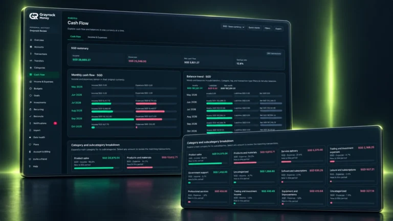 Grayrock Money Cash Flow overview and category breakdown showing monthly income, expenses and balance trends.