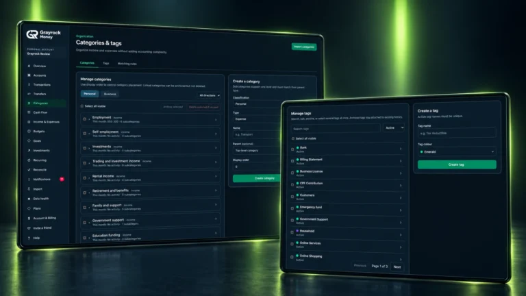 Grayrock Money category and tag management screens showing category organisation and coloured tags.