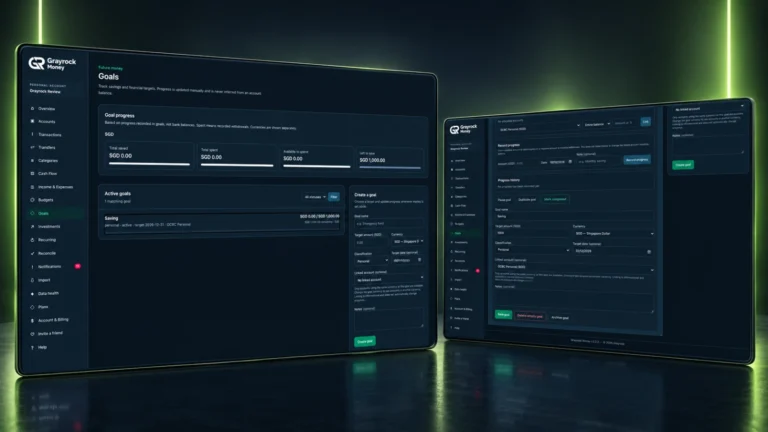 Grayrock Money Goals overview and progress-entry screens showing a savings target and manual progress controls.