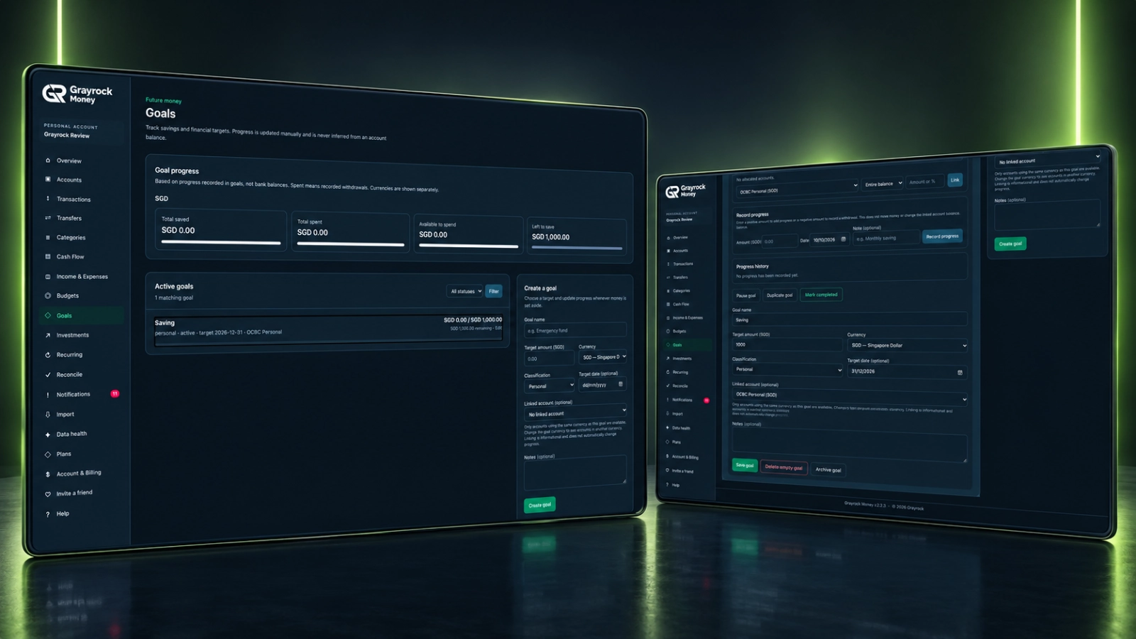 Grayrock Money Goals overview and progress-entry screens showing a savings target and manual progress controls.
