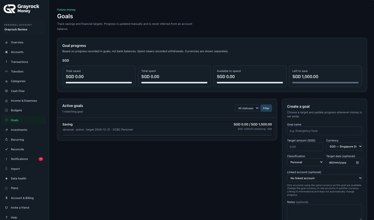 Grayrock Money Goals page showing a progress summary, an active savings goal and the goal creation form