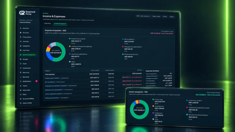 Grayrock Money income and expense comparison screens with category charts, period totals and transaction summaries.