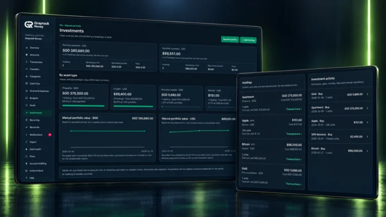 Grayrock Money manual portfolio overview and holdings list with separate currency summaries and recorded investment activity.