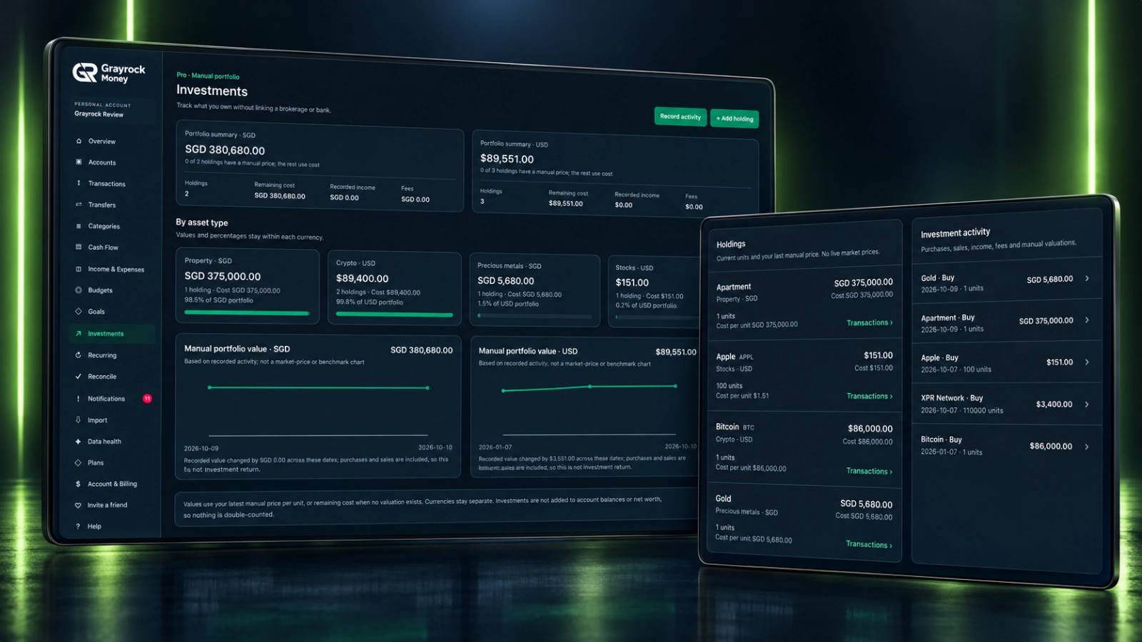Grayrock Money manual portfolio overview and holdings list with separate currency summaries and recorded investment activity.