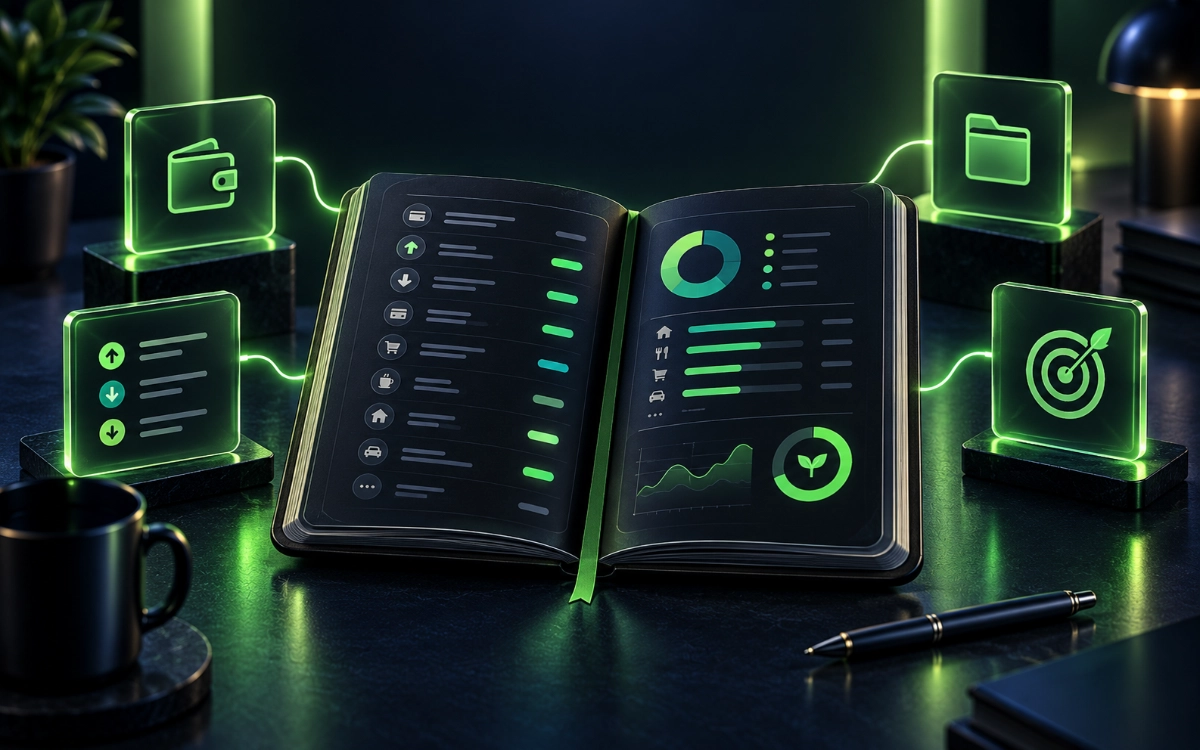 Open financial organiser with transaction rows, budget indicators and account and savings-goal symbols in green lighting.