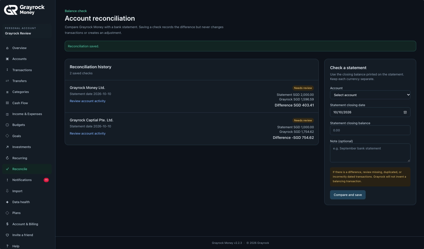 Grayrock Money reconciliation page showing saved statement checks, balance differences and a statement comparison form