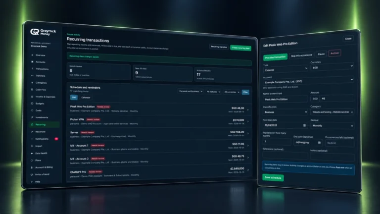 Grayrock Money recurring schedule and item-review form showing due activity and posting controls.