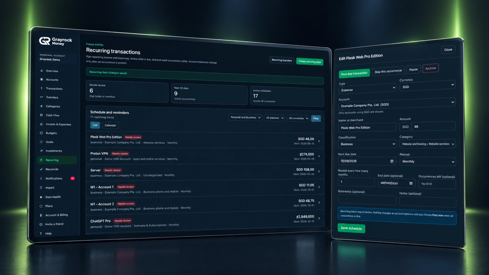 Grayrock Money recurring schedule and item-review form showing due activity and posting controls.