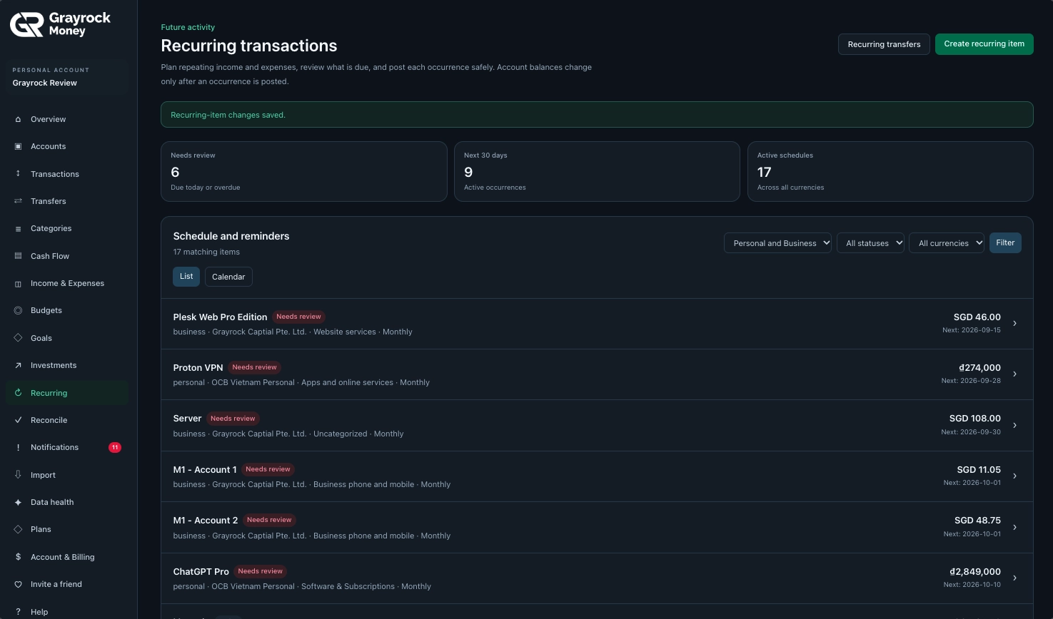 Grayrock Money recurring schedule showing items needing review, upcoming occurrences and active schedules
