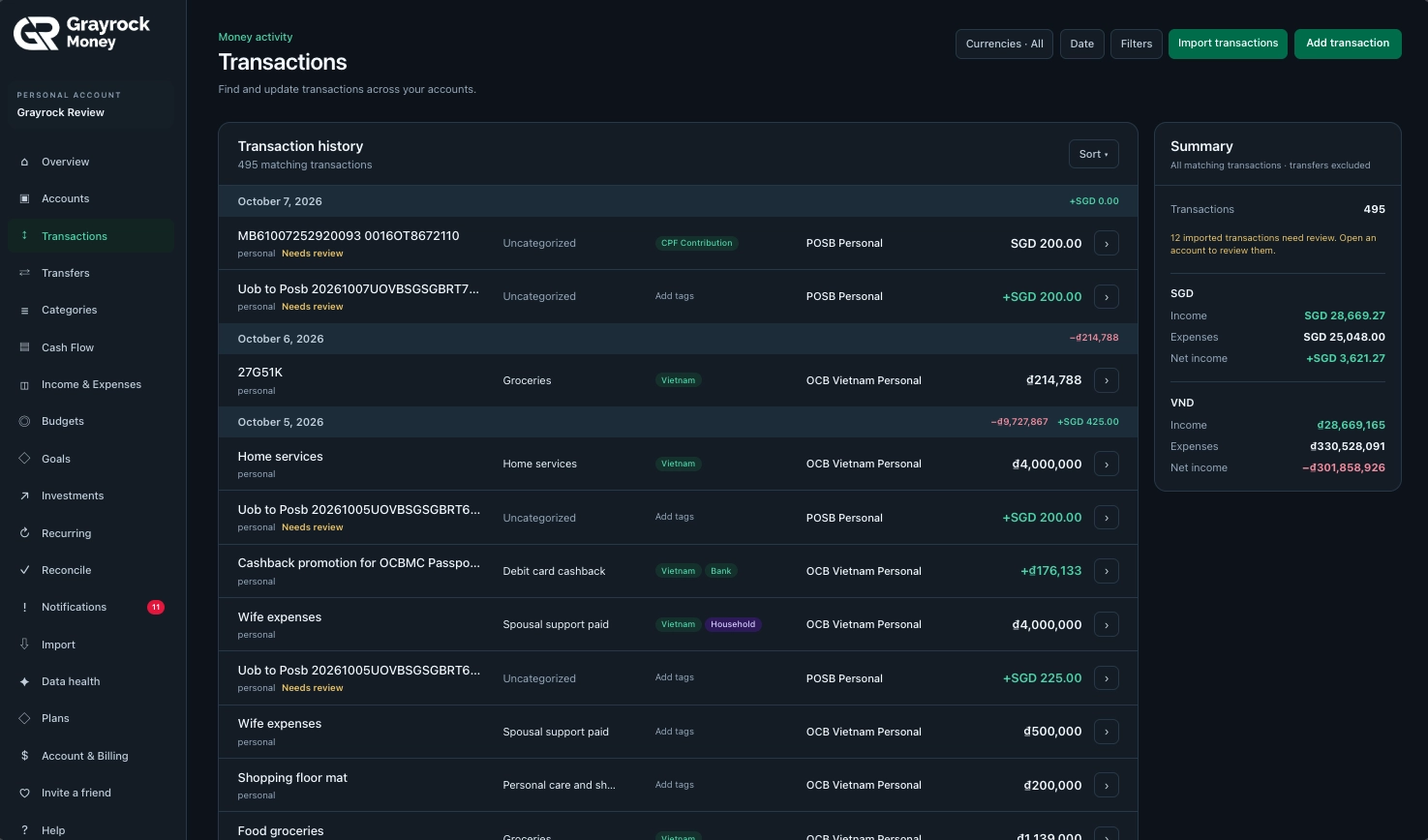 Grayrock Money transaction history showing account activity, categories, tags and separate currency summaries