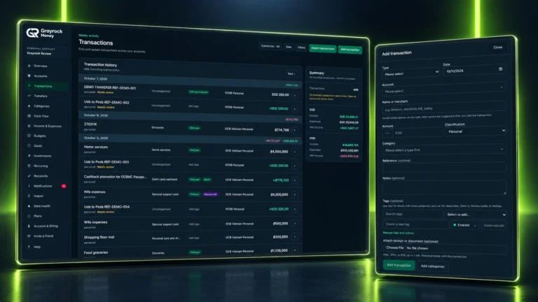Grayrock Money transaction tracking history and Add transaction form with categories, classifications and supporting details.