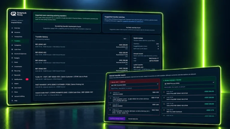 Grayrock Money transfer history and manual matching screens showing records of movement between accounts.