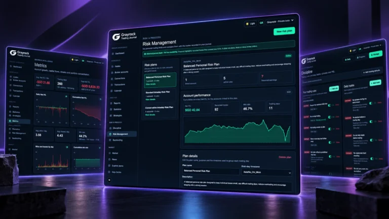 Trading Risk Management: Grayrock Risk Management workspace with a risk plan, linked-account performance and trading review screens
