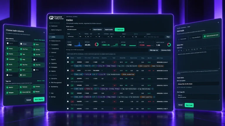 Grayrock trade journal showing trading records, performance summaries and trade classification tags.