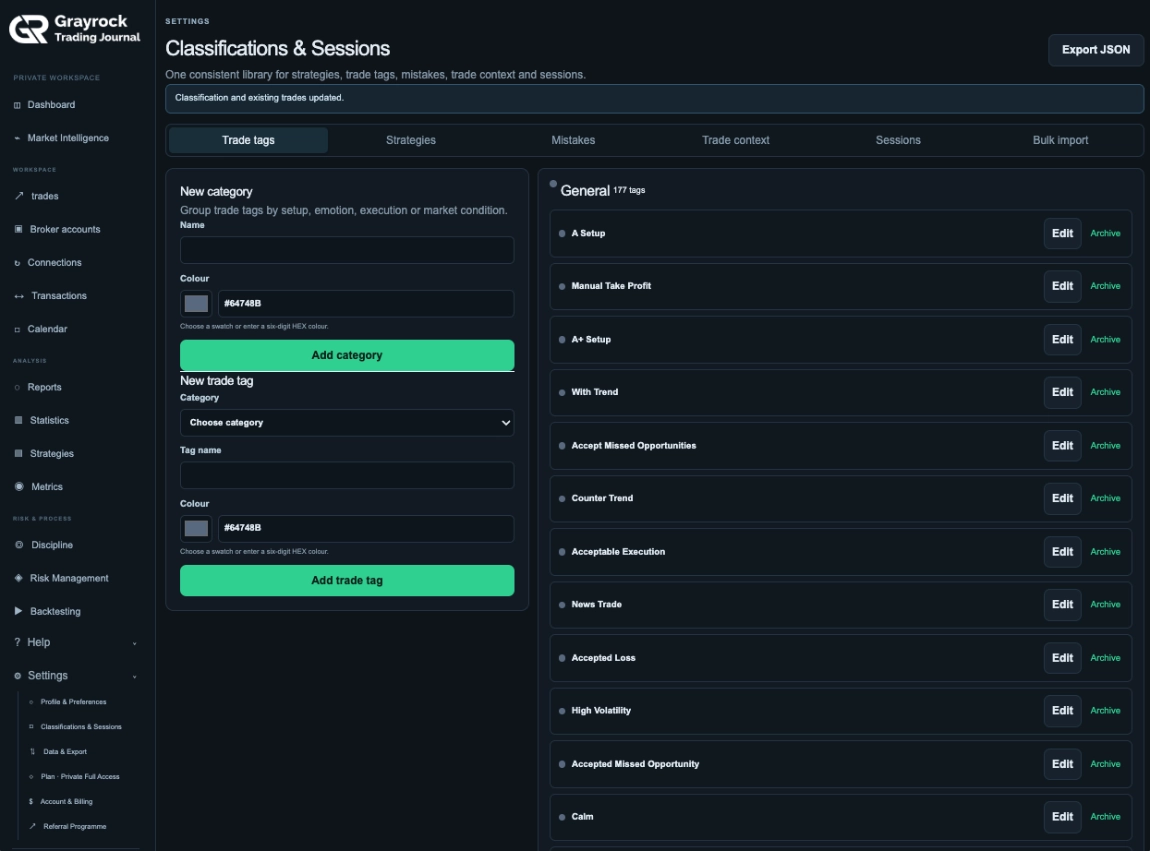 Trade tag library with category creation, custom names, colours and existing tags.