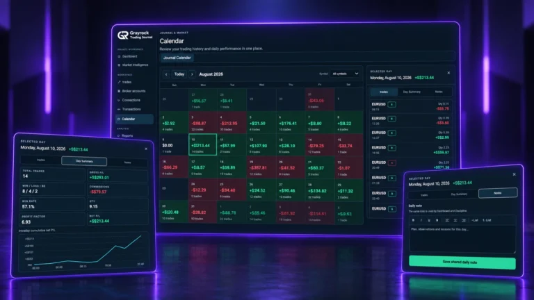 Grayrock trading calendar showing monthly results and a selected day’s performance summary.
