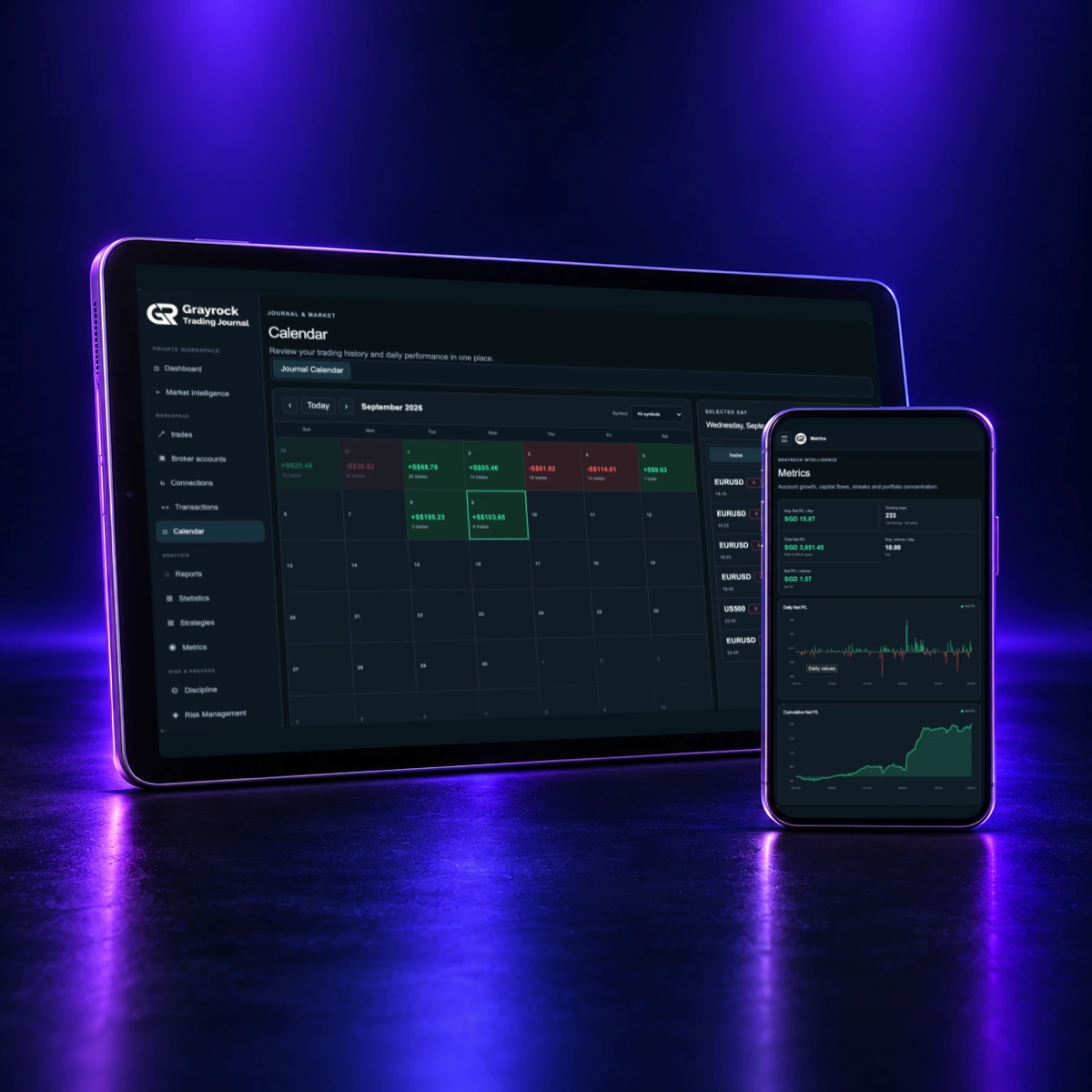 Grayrock Trading Journal on a smartphone showing trading records and review tools.