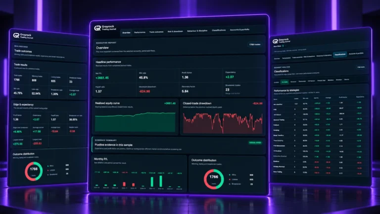 Grayrock Reports showing report filters, seven report tabs, headline performance, realised equity and completed-trade drawdown.